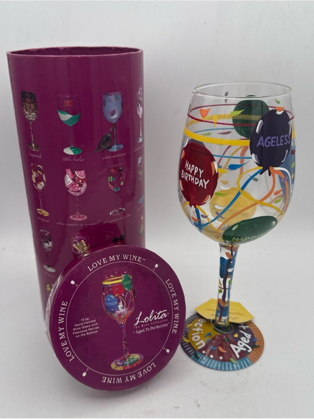 Lolita Handpainted wine Glass  Love My Wine "Aged To Perfection" Happy Birthday